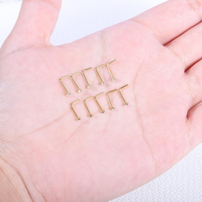 AccGin Store 6-10Pcs 18G 20G Nose Ring Surgical Steel Nose Rings Studs Piercing For Women Men 1.5mm 2mm 2.5mm 3mm Round Diamond CZ L Shaped Corkscrew Gold Black Silver Nose Piercing Hypoallergenic - Image 3